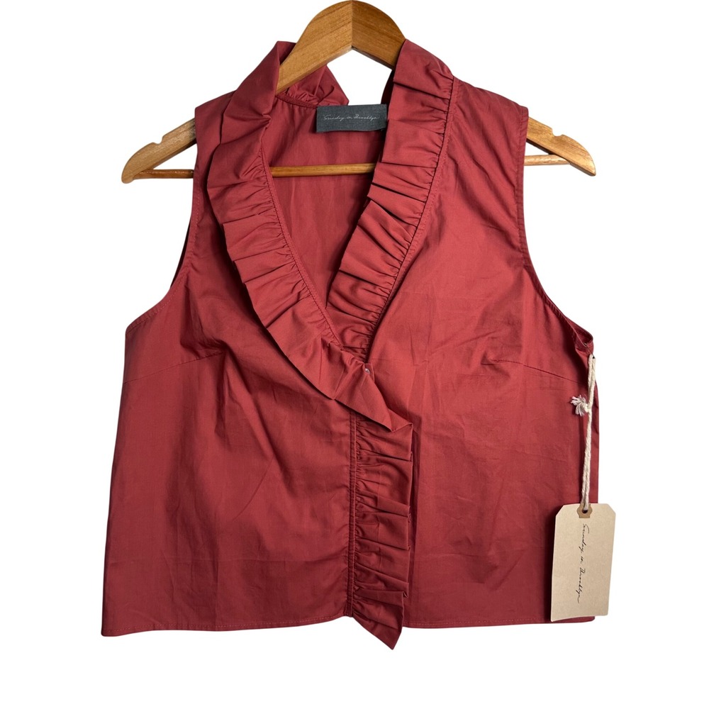 Sunday in Brooklyn Womens Ruffle Neck Sleeveless Top Terracotta Red NEW
